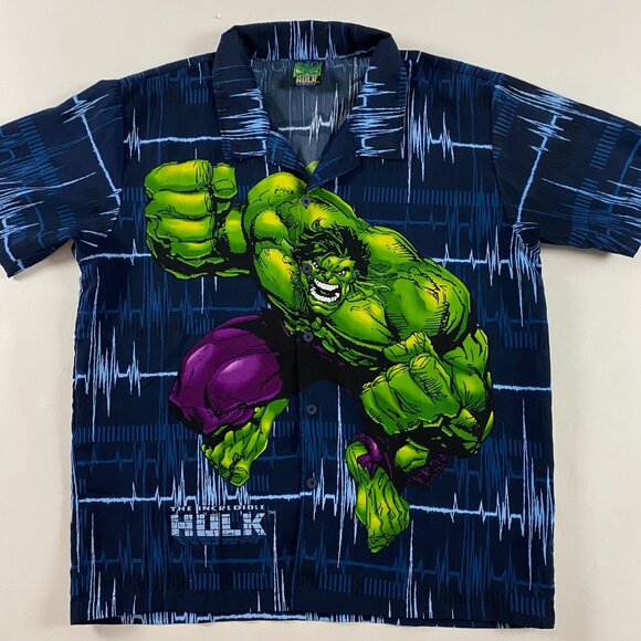 Vintage Y2K The Incredible Hulk Shirt Men's XL Button Up All Over Print Marvel - Picture 1 of 8